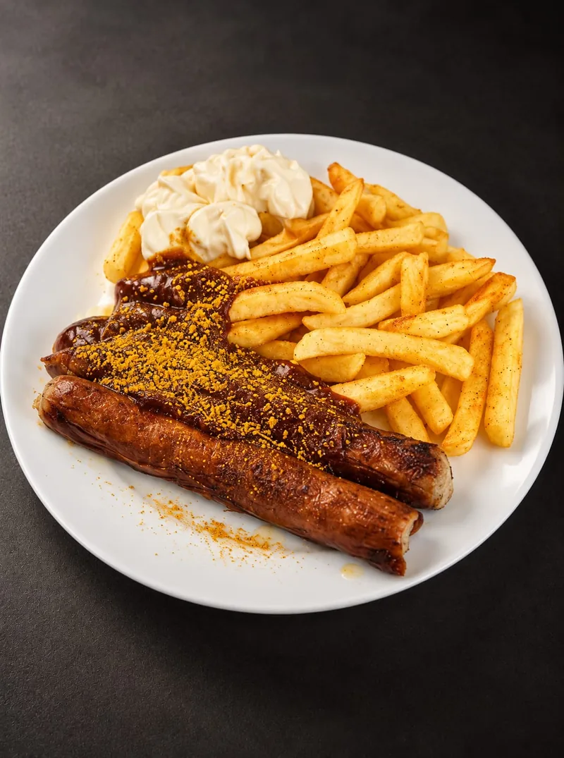 Currywurst mit Bratkartoffeln, Krautsalat und Gewürzgurke