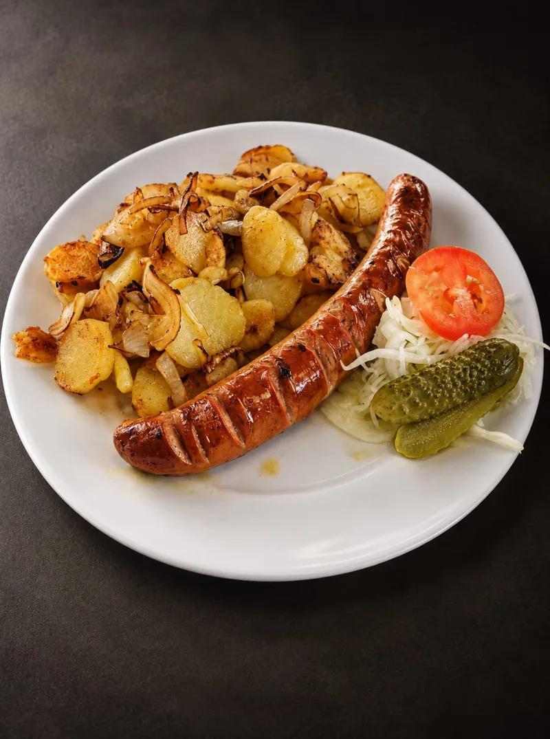 Zwei Currywürste mit Currysauce und Currypulver, dazu Pommes Frites und Mayonnaise