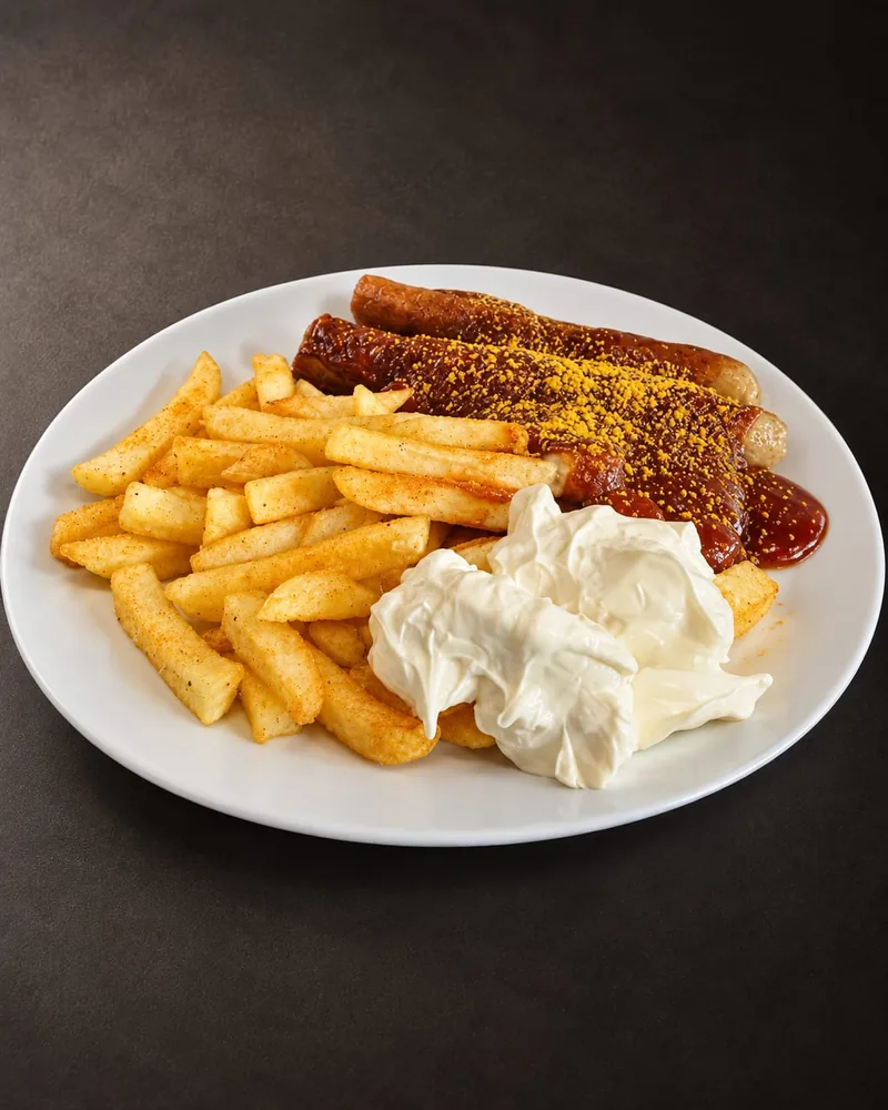 Zwei Currywürste mit Currysauce und Currypulver, dazu Pommes Frites und Mayonnaise