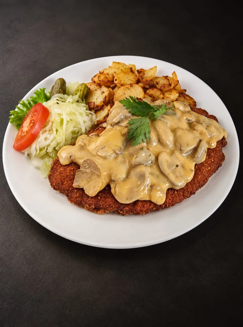 Riesenräuchercurrywurst, 180 g geräuchert, mit Currysauce und Currypulver, dazu Pommes Frites