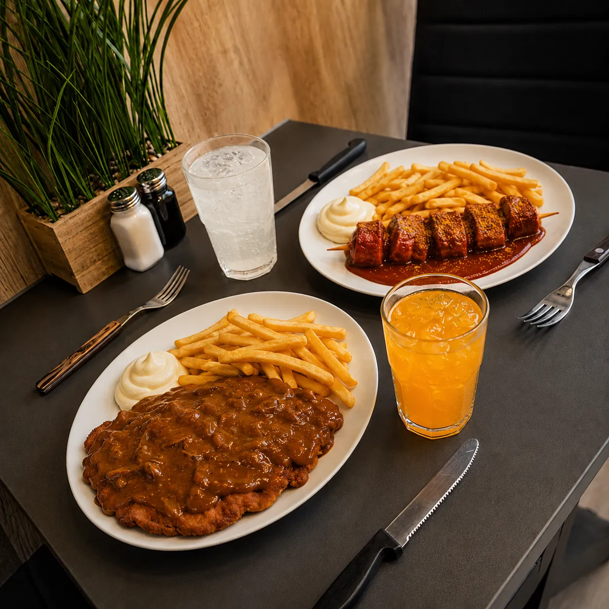Schnitzel Jäger-Art mit Champignonsauce, dazu Pommes Frites und Mayonnaise