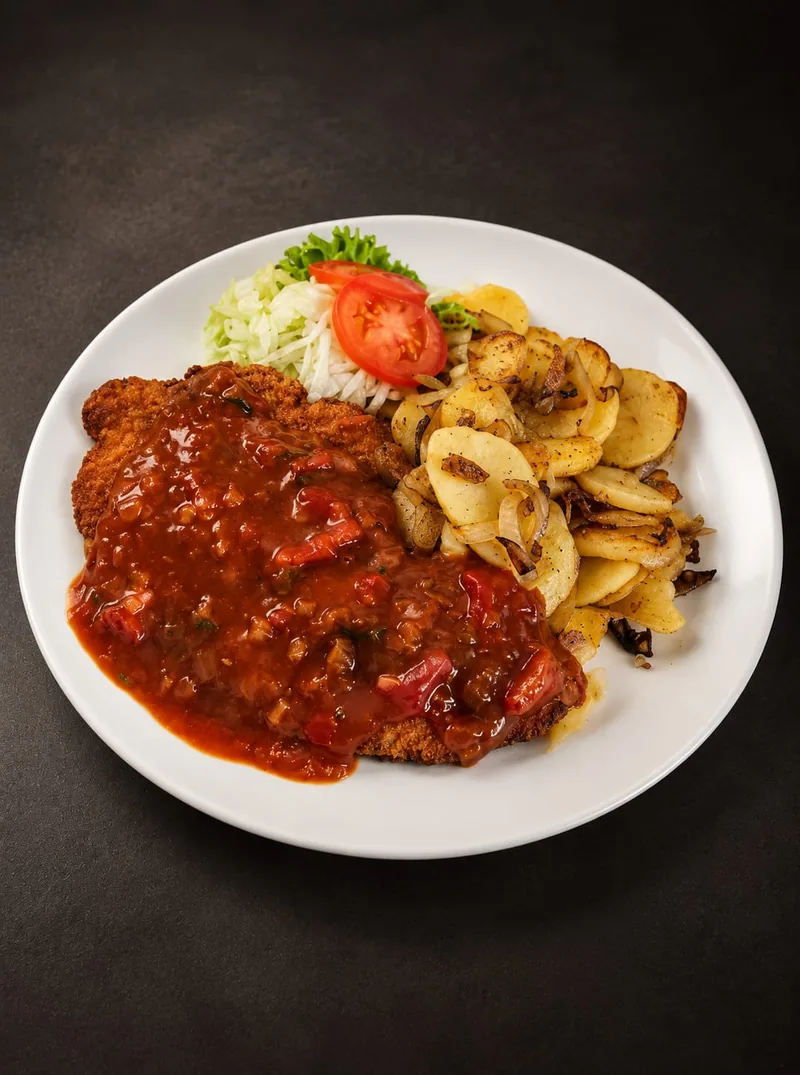 Paniertes Schnitzel mit cremiger Jägersauce und Bratkartoffeln
