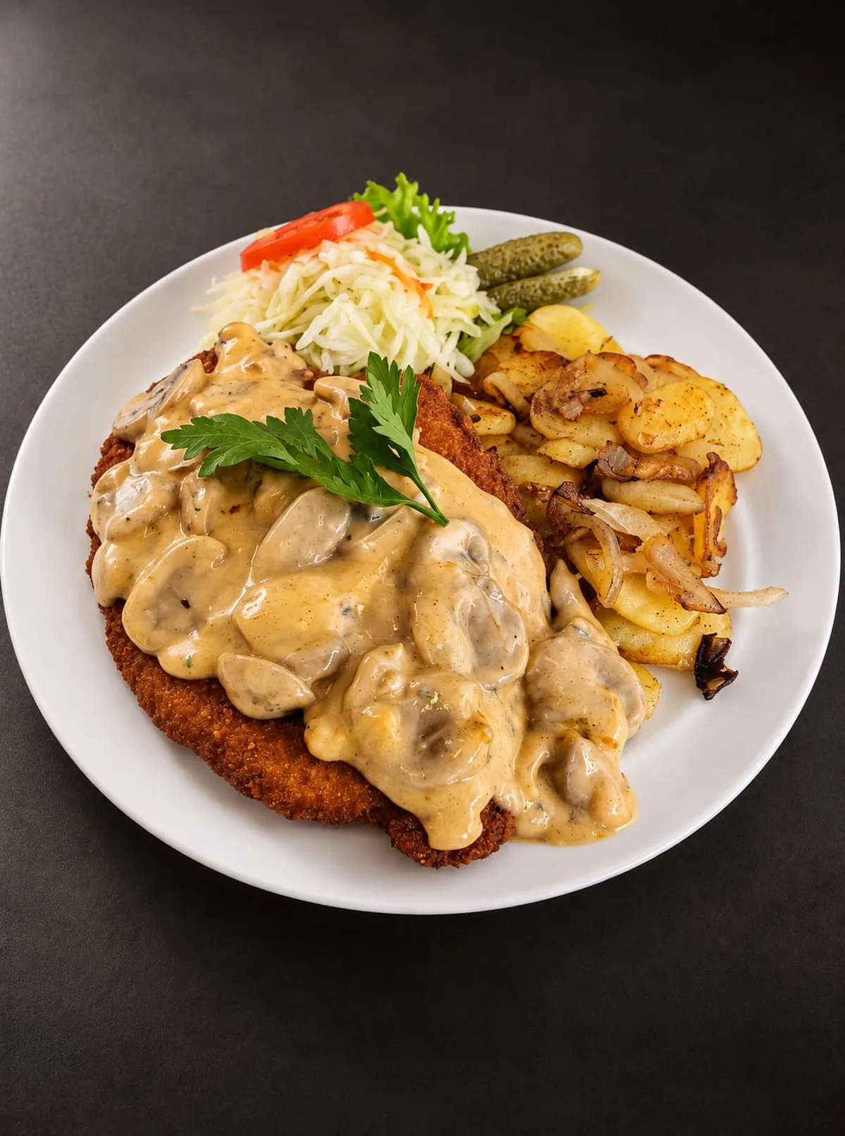 Schnitzel Jäger-Art mit Bratkartoffeln, Krautsalat und Gewürzgurke