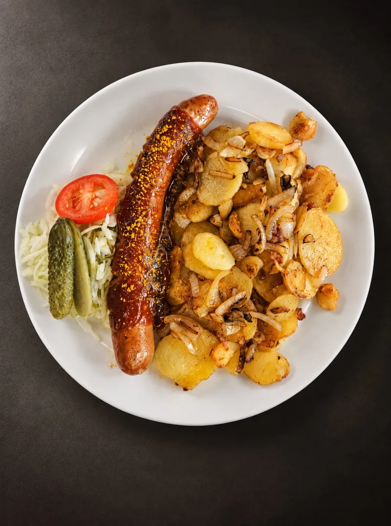 Schnitzel Jäger-Art mit Champignonsauce, dazu Bratkartoffeln und Krautsalat