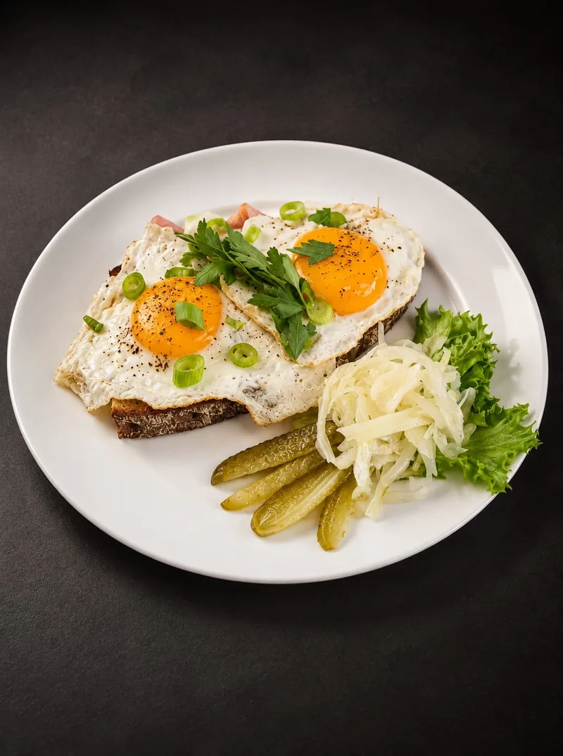 Strammer Max mit zwei Spiegeleiern und Schinken auf Brot, dazu Gewürzgurken und Krautsalat