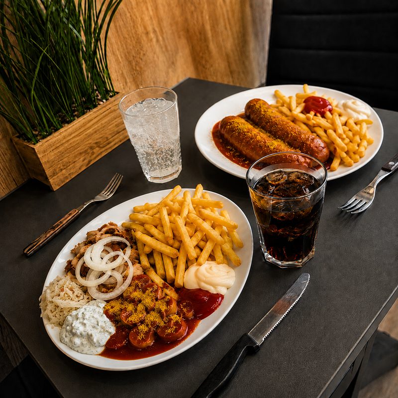 Currywurst mit Currysauce und Currypulver, dazu Pommes Frites, Krautsalat und Tzatziki